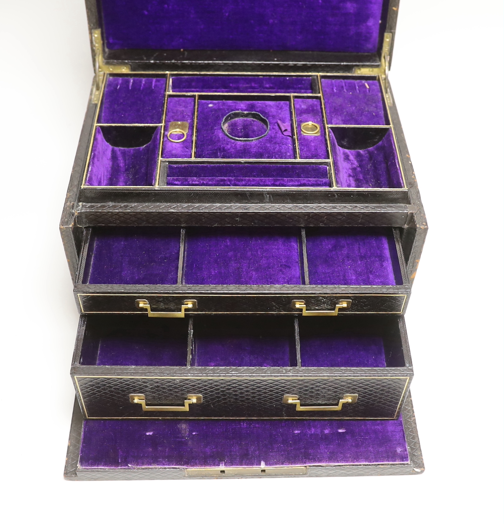 A Victorian Moroccan leather jewellery box, width 30.8cm.